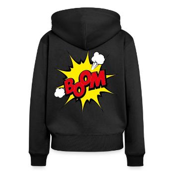 Boom - Frauen Premium Bio Zip Hoodie - Schwarz - Hinten - Julia (174cm)