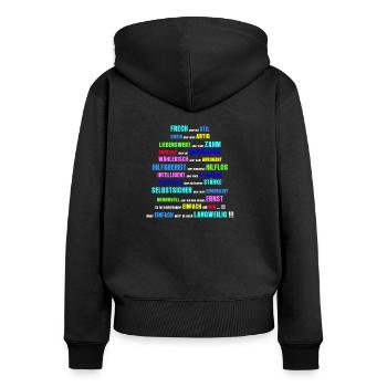 Frech aber mit Stil, Einzig aber nicht Artig - Frauen Premium Bio Zip Hoodie - Schwarz - Hinten - Julia (174cm)