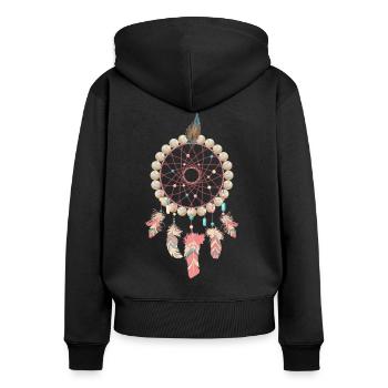 Capteur de rêves plumes indiennes perlées - Sweat à capuche zippé Premium bio Femme - noir - Dos - Julia (174cm)