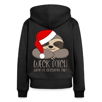 Faultier Weck mich wenn es Geschenke gibt - Frauen Premium Bio Zip Hoodie - Schwarz - Hinten - Julia (174cm)