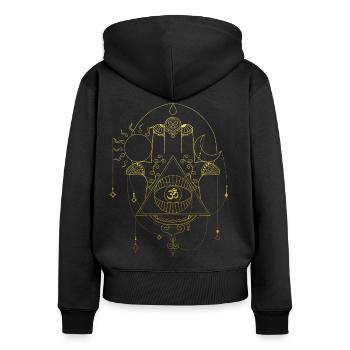 Hamsa Hand Yoga Gold Om Geschenk - Frauen Premium Bio Zip Hoodie - Schwarz - Hinten - Julia (174cm)