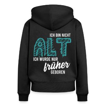 ALT, GESCHENK - Frauen Premium Bio Zip Hoodie - Schwarz - Hinten - Julia (174cm)