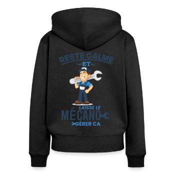Mecanicien Cadeau • Reste Calme • Mecano - Sweat à capuche zippé Premium bio Femme - noir - Dos - Julia (174cm)