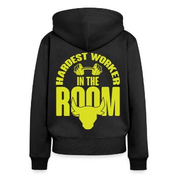 LE PLUS HAUT TRAVAILLEUR DE LA CHAMBRE Muscle Shirt Power Lift - Sweat à capuche zippé Premium bio Femme - noir - Dos - Julia (174cm)