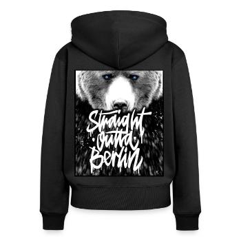 Straight Outta Berlin- Bär - Frauen Premium Bio Zip Hoodie - Schwarz - Hinten - Julia (174cm)