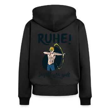 Ruhe! Der Meister zielt! Bogenschießen Bogensport - Frauen Premium Bio Zip Hoodie - Schwarz - Hinten - Julia (174cm)