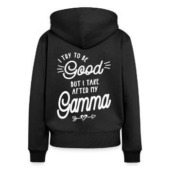 J’essaie d’être bon, mais je prends après mon Gamma - Sweat à capuche zippé Premium bio Femme - noir - Dos - Julia (174cm)