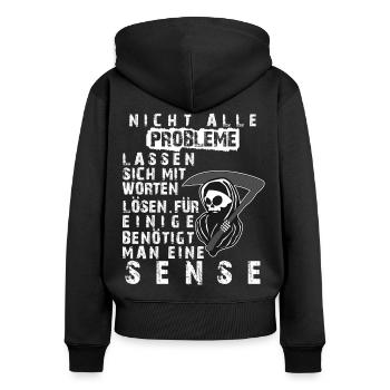 Sensenmann Problemlöser Spruch - Frauen Premium Bio Zip Hoodie - Schwarz - Hinten - Julia (174cm)