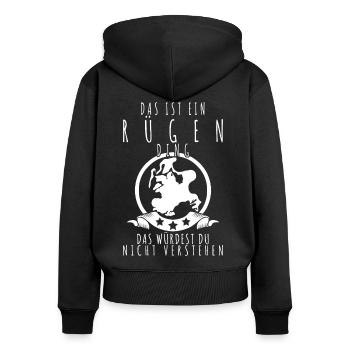 Rügen Spruch Witz - Frauen Premium Bio Zip Hoodie - Schwarz - Hinten - Julia (174cm)