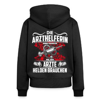 Arzthelferin Damen Shirt weil Ärzte auch Helden - Frauen Premium Bio Zip Hoodie - Schwarz - Hinten - Julia (174cm)