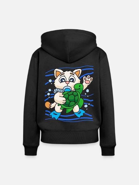KITTY WITH SEA TURTLE - Frauen Premium Bio Zip Hoodie - Schwarz