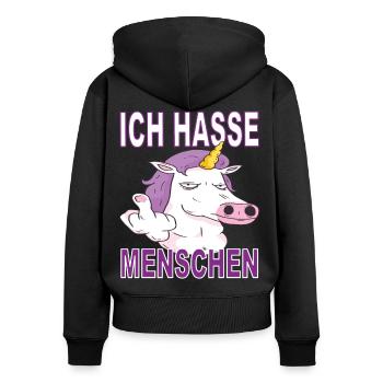 Ich hasse Menschen - Frauen Premium Bio Zip Hoodie - Schwarz - Hinten - Julia (174cm)