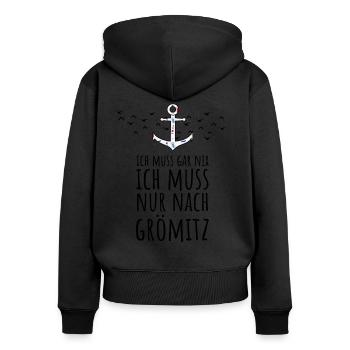 Ich muss gar nix ich muss nur nach Grömitz Ostsee - Frauen Premium Bio Zip Hoodie - Schwarz - Hinten - Julia (174cm)
