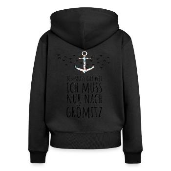Ich muss gar nix ich muss nur nach Grömitz Ostsee - Frauen Premium Bio Zip Hoodie - Schwarz - Hinten - Julia (174cm)