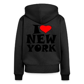 New York - J'aime New York - J'adore New York - Sweat à capuche zippé Premium bio Femme - noir - Dos - Julia (174cm)