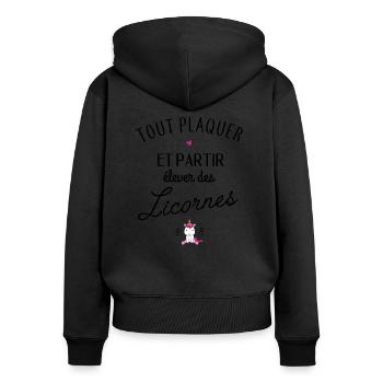Partir élever des licornes - Sweat à capuche zippé Premium bio Femme - noir - Dos - Julia (174cm)