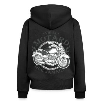 Vieux motard que jamais, jeux de mots moto humour - Sweat à capuche zippé Premium bio Femme - noir - Dos - Julia (174cm)