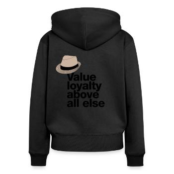 „Value loyalty above all else“ Zitat mit Fedora - Frauen Premium Bio Zip Hoodie - Schwarz - Hinten - Julia (174cm)