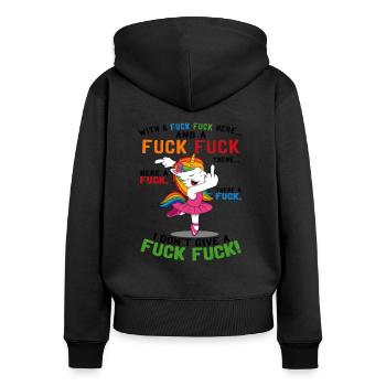 Licorne, je m'en fous - Sweat à capuche zippé Premium bio Femme - noir - Dos - Julia (174cm)