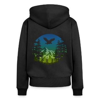 Aigles et montagnes (rond / bleu / vert) - Sweat à capuche zippé Premium bio Femme - noir - Dos - Julia (174cm)