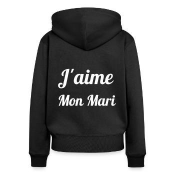 J aime mon mari - Sweat à capuche zippé Premium bio Femme - noir - Dos - Julia (174cm)