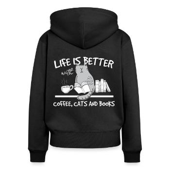 Educated cat with book and coffee - cat shirt - Women's Premium Organic Zip Hoodie - black - Back - Julia (174cm)
