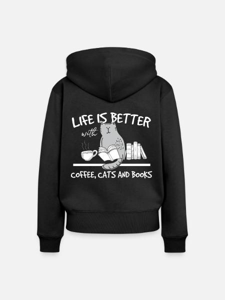 Opgeleide kat met boek en koffie - kattenoverhemd - Vrouwen Premium Bio ziphoodie - zwart