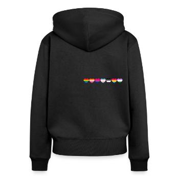 Drapeaux LGBTQ+, HEARTS LGBTQ+ DESIGN - QUEER LOVE - Sweat à capuche zippé Premium bio Femme - noir - Dos - Julia (174cm)