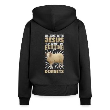 Jesus und Schaf - Dorset-Fleischschaf - Frauen Premium Bio Zip Hoodie - Schwarz - Hinten - Julia (174cm)