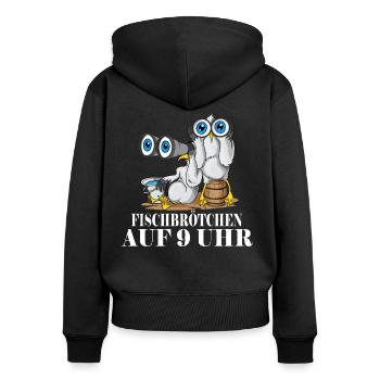 Moin plattdeutsch norddeutsch Möwen Fischbrötchen - Frauen Premium Bio Zip Hoodie - Schwarz - Hinten - Julia (174cm)