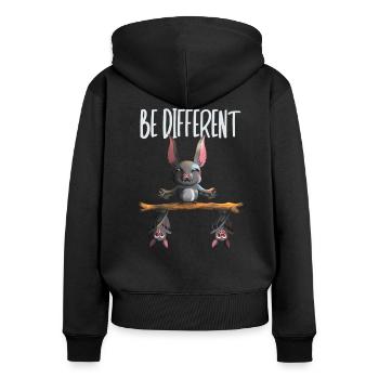 Sei anders Spruch Fan mit coolen Fledermäusen - Frauen Premium Bio Zip Hoodie - Schwarz - Hinten - Julia (174cm)