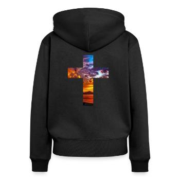 Christliches Kreuz mit Sonnenuntergang - Frauen Premium Bio Zip Hoodie - Schwarz - Hinten - Julia (174cm)