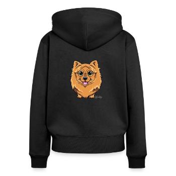 Kleinspitz Fluffy VI - Frauen Premium Bio Zip Hoodie - Schwarz - Hinten - Julia (174cm)