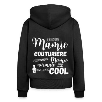 T shirt mamie couturière humour mamie cadeau - Sweat à capuche zippé Premium bio Femme - noir - Dos - Julia (174cm)