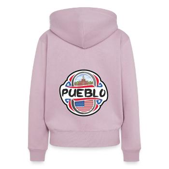 Pueblo USA Drapeau des États-Unis Souvenir de voyage Badg - Sweat à capuche zippé Premium bio Femme - rose poudré - Dos - Julia (174cm)