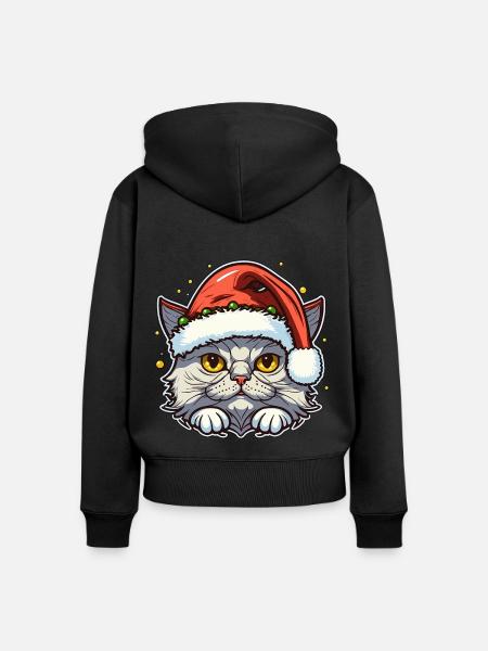 Süßes Kätzchen mit Weihnachtshut - Frauen Premium Bio Zip Hoodie - Schwarz
