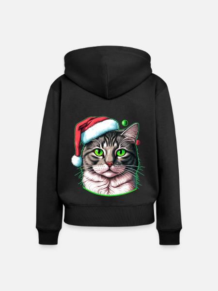 Hübsche Katze mit Weihnachtshut - Frauen Premium Bio Zip Hoodie - Schwarz