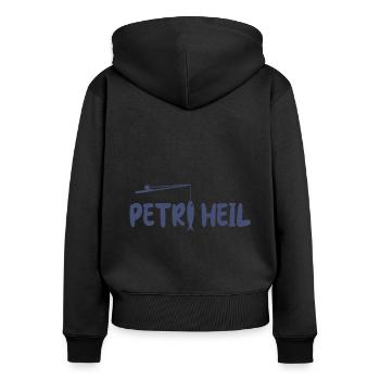 Petri Heil - Frauen Premium Bio Zip Hoodie - Schwarz - Hinten - Julia (174cm)