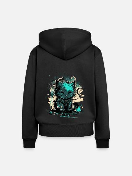 Cyber Cat Illustration - Frauen Premium Bio Zip Hoodie - Schwarz