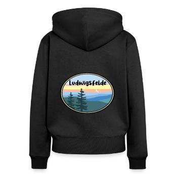 Ludwigsfelde - Frauen Premium Bio Zip Hoodie - Schwarz - Hinten - Julia (174cm)