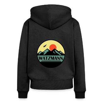 Watzmann - Frauen Premium Bio Zip Hoodie - Schwarz - Hinten - Julia (174cm)