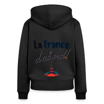 La France d'abord - Sweat à capuche zippé Premium bio Femme - noir - Dos - Julia (174cm)