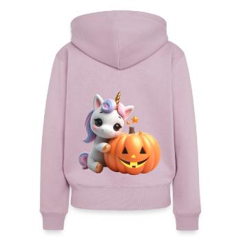 cute unicorn leaning on pumpkin halloween - Women's Premium Organic Zip Hoodie - dusky pink - Back - Julia (174cm)