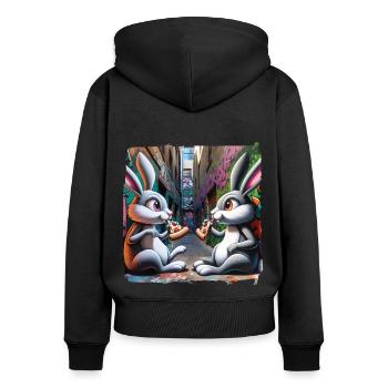 Bunnies eating pizza in graffiti backyard street art - Women's Premium Organic Zip Hoodie - black - Back - Julia (174cm)