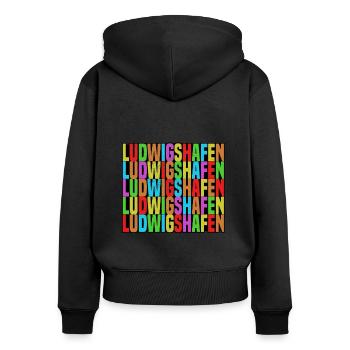 ludwigshafen - Frauen Premium Bio Zip Hoodie - Schwarz - Hinten - Julia (174cm)