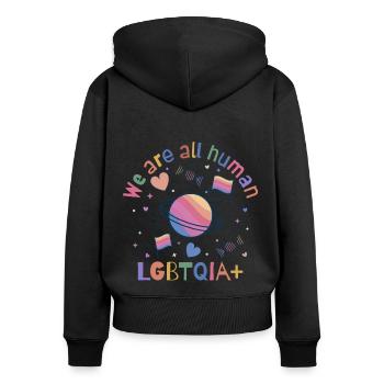 Wir sind alle Menschen, LGBTQIA+ Pride - Frauen Premium Bio Zip Hoodie - Schwarz - Hinten - Julia (174cm)