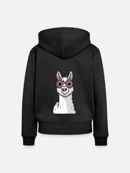 Lustiges Lama Mit Sonnenbrille - Frauen Premium Bio Zip Hoodie - Schwarz