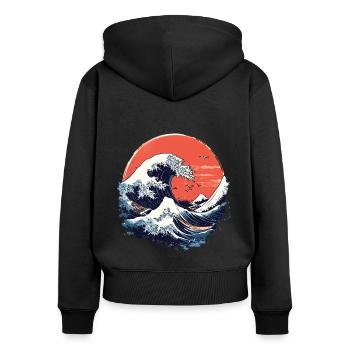 Vagues de style Hokusai - Sweat à capuche zippé Premium bio Femme - noir - Dos - Julia (174cm)