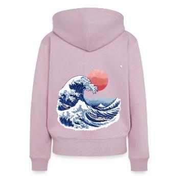 Vagues de style Hokusai - Sweat à capuche zippé Premium bio Femme - rose poudré - Dos - Julia (174cm)