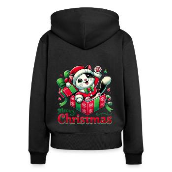 Chat Miaou Noël 1 2 - Sweat à capuche zippé Premium bio Femme - noir - Dos - Julia (174cm)